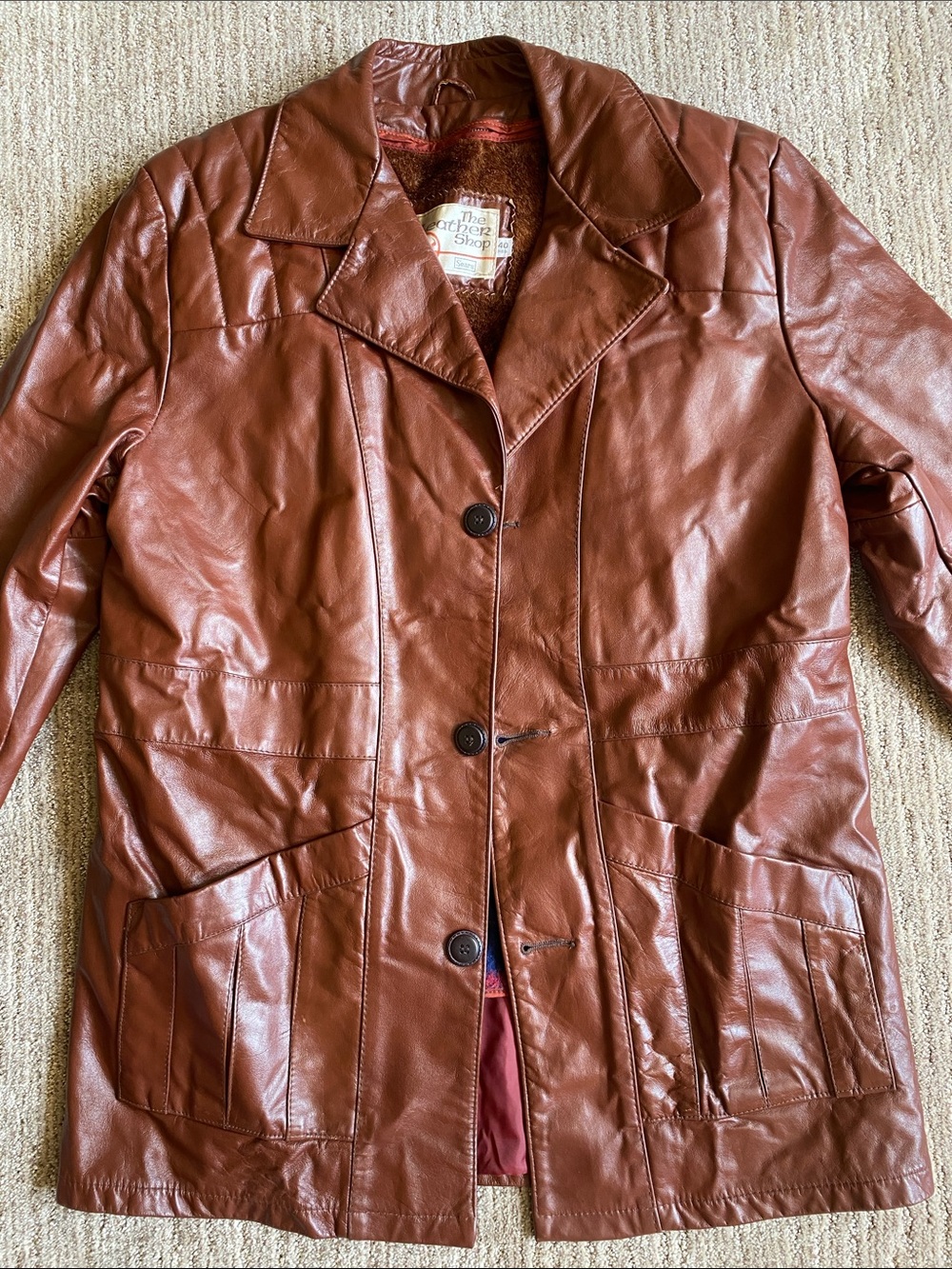 Vintage 60s-70s Men’s M Cognac Brown Leather Jacket Plaid Lining Coat Overcoat